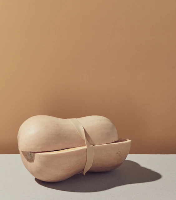 Still life of a halved butternut squash tied with ribbon on a grey surface against a tan background in bright studio lighting.