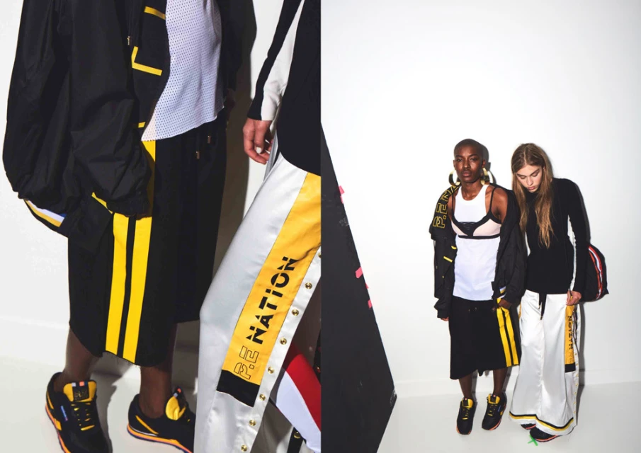 Two fashion models pose against a white background wearing athletic-inspired matching outfits with yellow and black color blocking details.