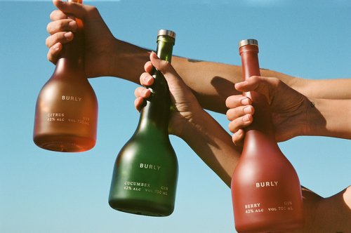 Three Burly brand gin bottles in berry, citrus, and cucumber flavors held aloft by three people with clear blue sky in the background.
