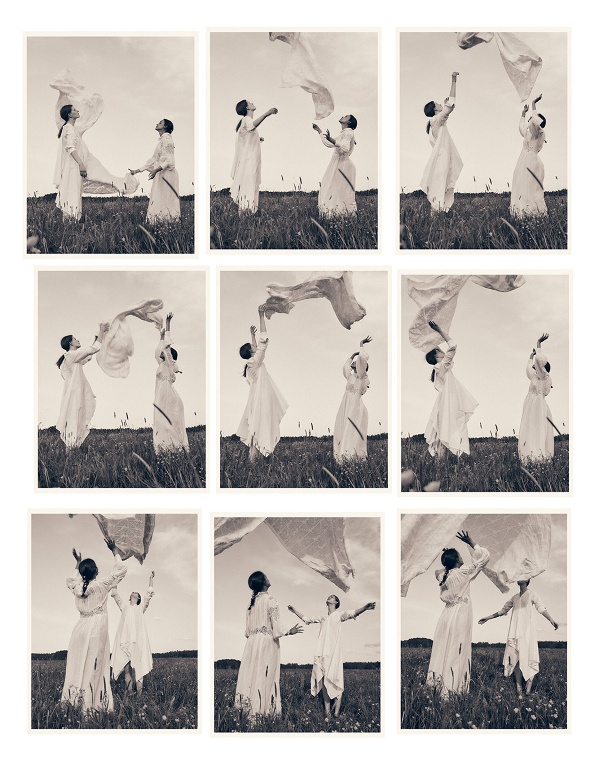 Sepia toned photo-mosaic of two women in white dresses standing in a grassy field while holding and tossing a white fabric.
