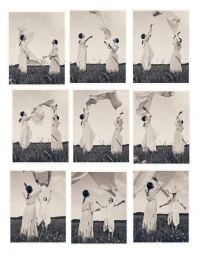 Nine-panel photographic sequence of two women in long white dresses throwing fabric in a meadow by Rahel Weiss.