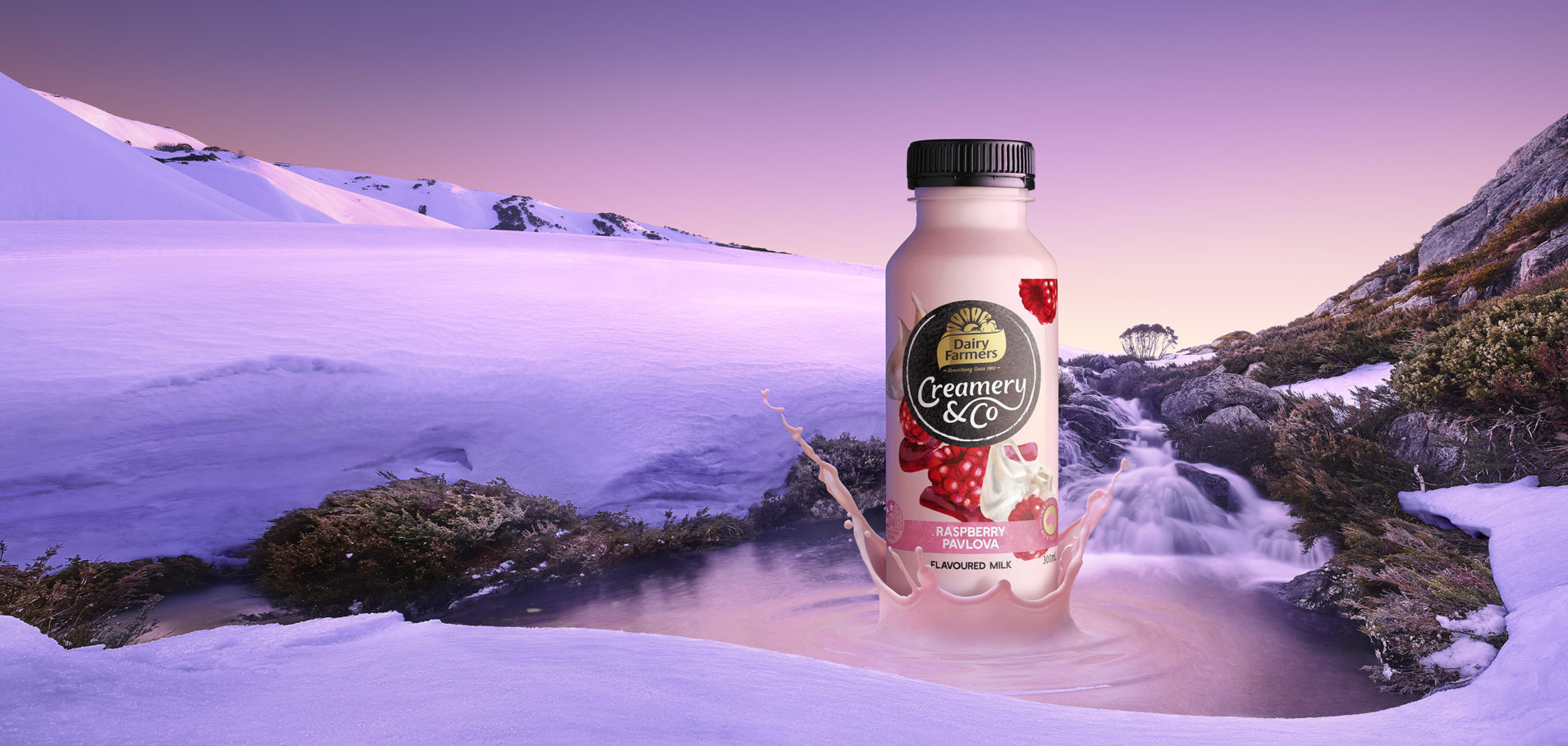 Dairy Farmers Creamery & Co raspberry pavlova flavored milk bottle with milk splash in an outdoor snowy, mountainous landscape.