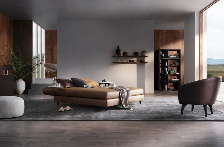 Interior design showcasing a contemporary living room with a brown leather sofa, accent chair, open shelving, and view to the outside.