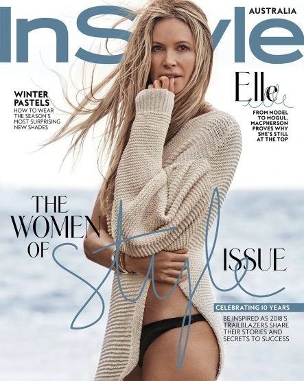 Magazine cover featuring Elle Macpherson in a beige oversized sweater and black bikini bottoms. The magazine is titled InStyle Australia.