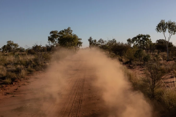 Dirt road with blowing dust in a desert landscape, surrounded by trees under a clear sky, creating a scene of natural beauty.