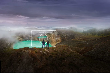 Two men standing on a rocky ridge overlooking a vibrant turquoise crater lake surrounded by mist under a dark sky