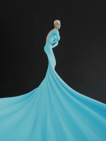 A woman with short blonde hair poses in a fitted, light-blue dress that extends into a long train against a dark background.