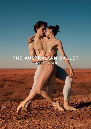 Ballet dancers pose intimately in a desert landscape in a promotional image for the Australian Ballet's 2020 season.
