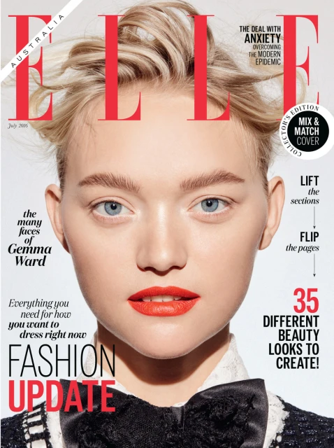 Elle Australia magazine cover featuring a close-up of Gemma Ward, with bold red masthead and various text elements, July 2015 issue.