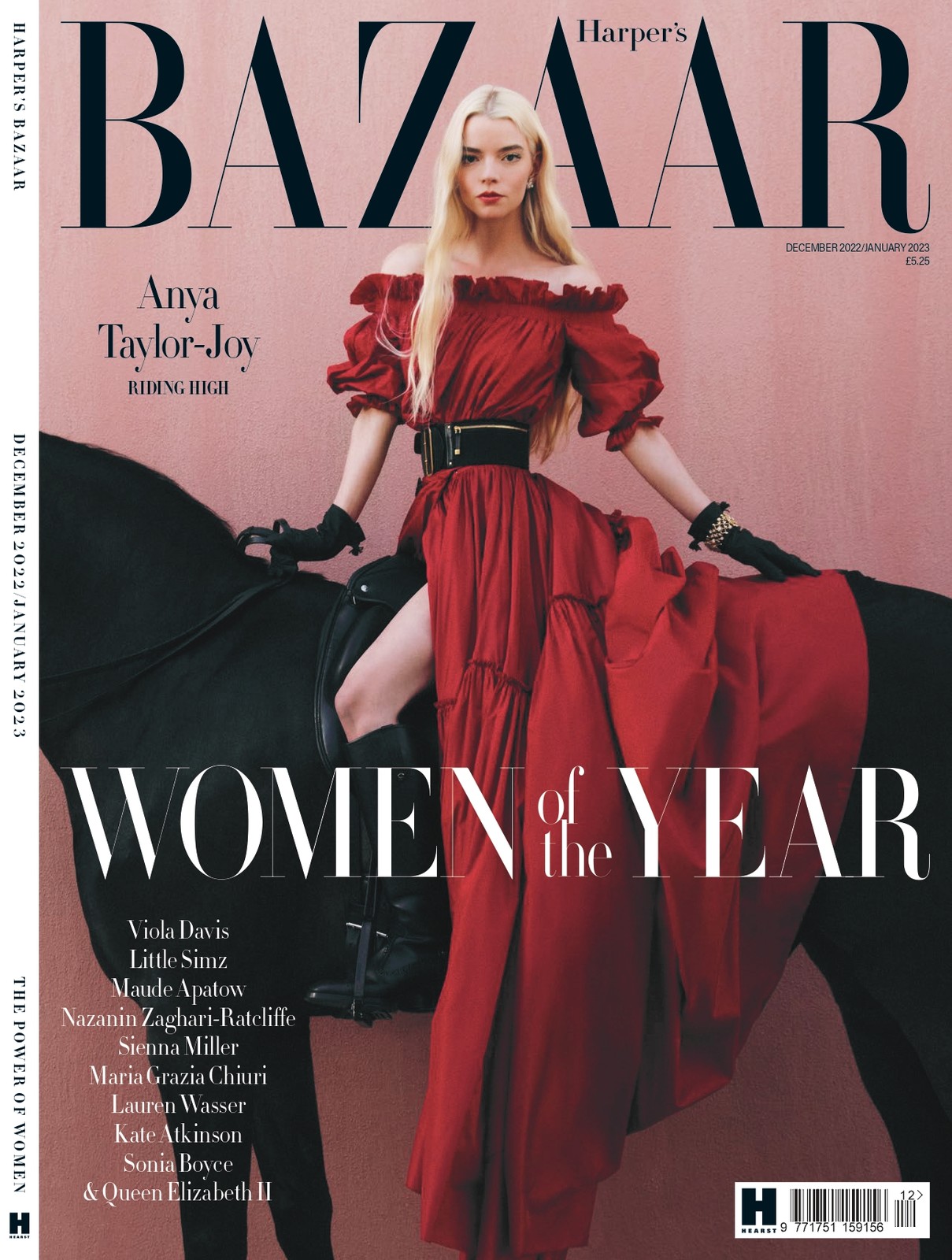 Harper's Bazaar cover featuring Anya Taylor-Joy in a red dress, side-saddle on a black horse against a peach background.
