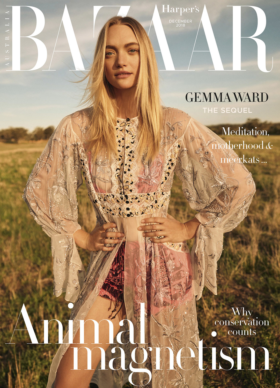 Magazine cover featuring Gemma Ward wearing a sheer embellished dress in a field, Harper's Bazaar Australia, December 2016 edition.