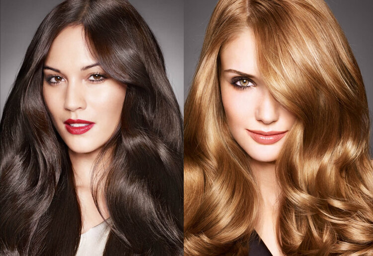 Split-screen beauty shot: Two women with long, styled hair—one brunette with red lipstick, one blonde—showcasing different hair colors and styles.