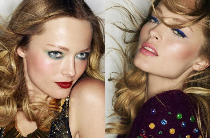 Two side-by-side beauty portraits of a blonde female model with vibrant eye makeup and bold lipstick against a bright background.