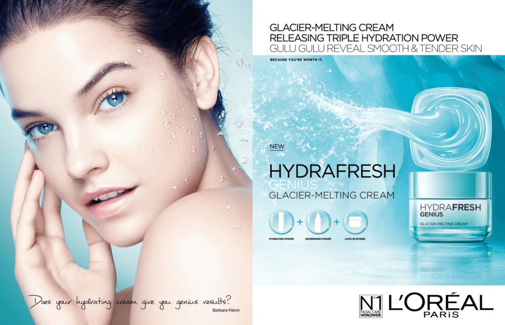 Beauty ad featuring Barbara Palvin with water droplets on her face, promoting L'Oréal Hydrafresh Genius Glacier-Melting Cream.