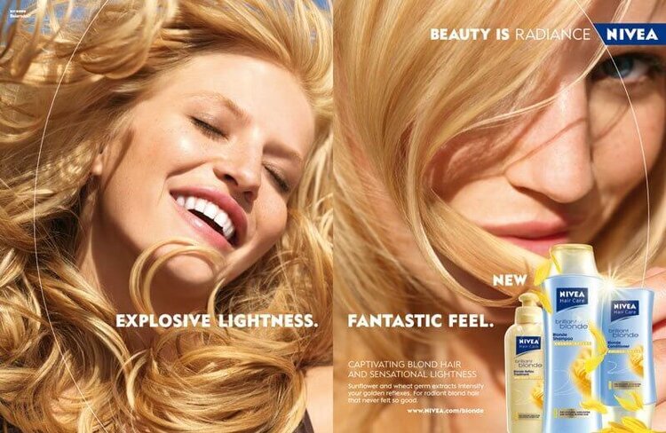 Beauty advertisement featuring a smiling woman with blonde hair, alongside Nivea Brilliant Blonde hair care products, showcasing radiance.