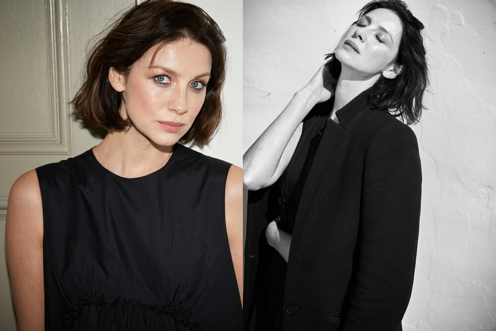 Black and white diptych portrait of Caitríona Balfe in a sleeveless black dress and a black blazer with her eyes closed.