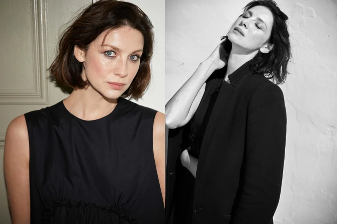 Black and white diptych portrait of Caitríona Balfe in a sleeveless black dress and a black blazer with her eyes closed.