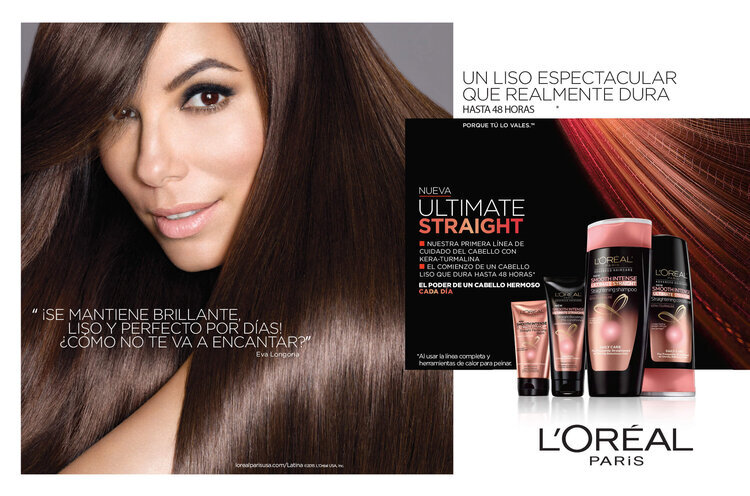 Advertisement for L'Oréal hair products featuring a model with long, straight brown hair and product packaging, promoting smooth hair.