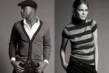 Black and white portrait of a man in a cardigan and a woman in a striped turtleneck by James Houston