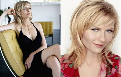 Kirsten Dunst wearing a black dress seated in a yellow chair and a close up portrait in a floral top