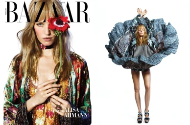 Diptych fashion magazine cover featuring a blonde model holding a red anemone flower over her eye and a full-body shot with a flared skirt.