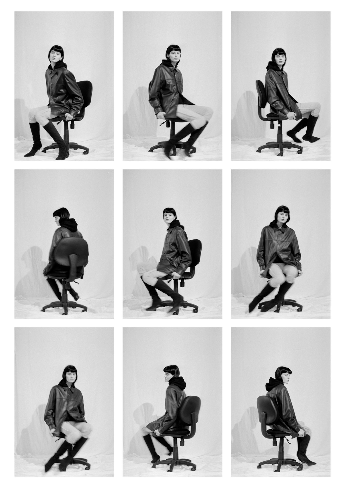 Fashion model in a jacket and boots posing on an office chair against a white backdrop in nine full-body, black and white photos.