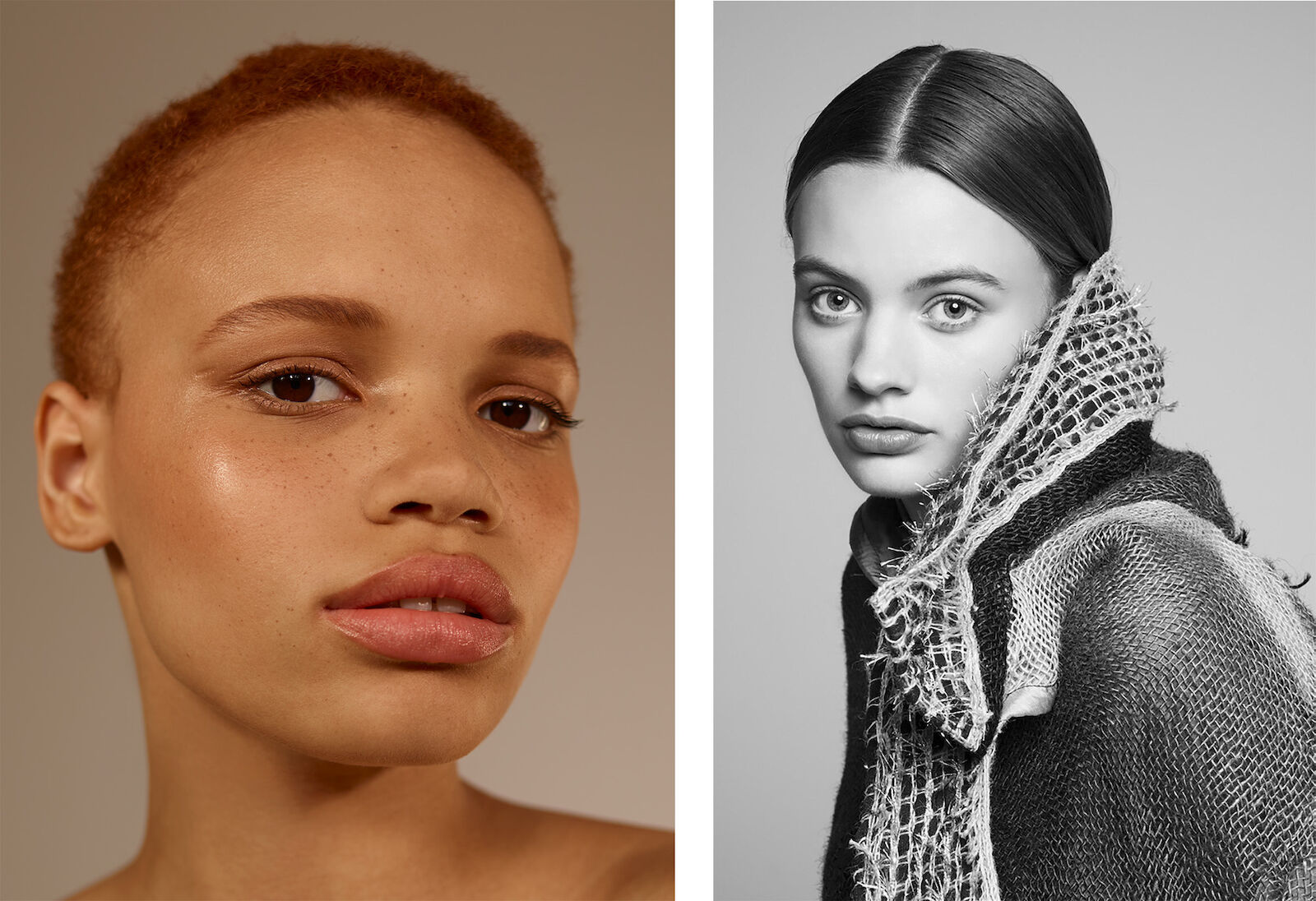 Split-screen portrait of two adult women in a photo studio, one with short hair, the other wearing a woven garment.