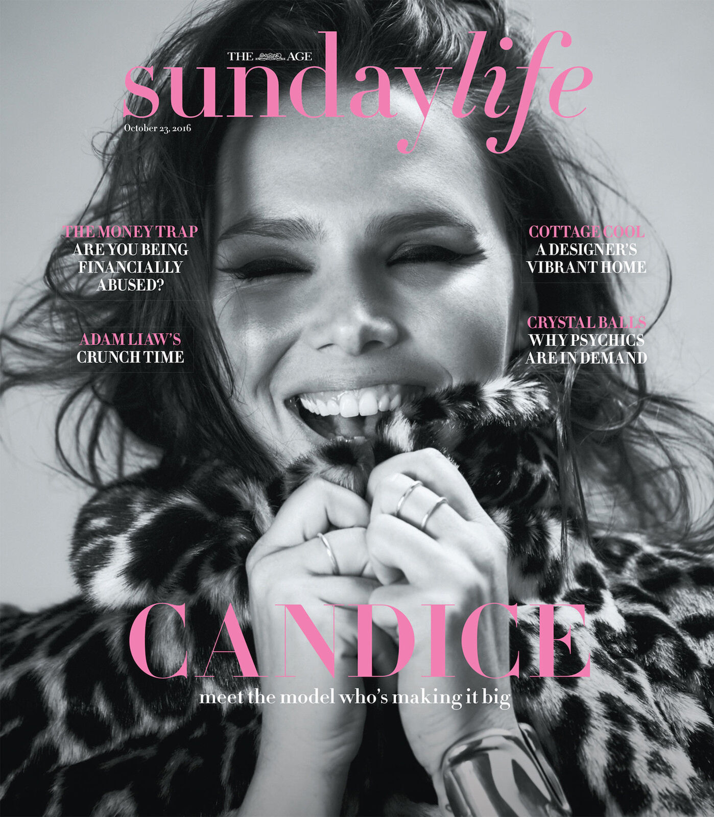 Magazine cover featuring a happy adult female model wearing a spotted jacket, with pink title text "Sunday Life" and model's name.