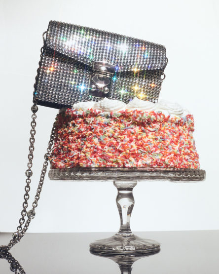Sparkling silver purse on a cake stand next to a colorful sprinkle cake against a gradient white background in a glamour photography style.