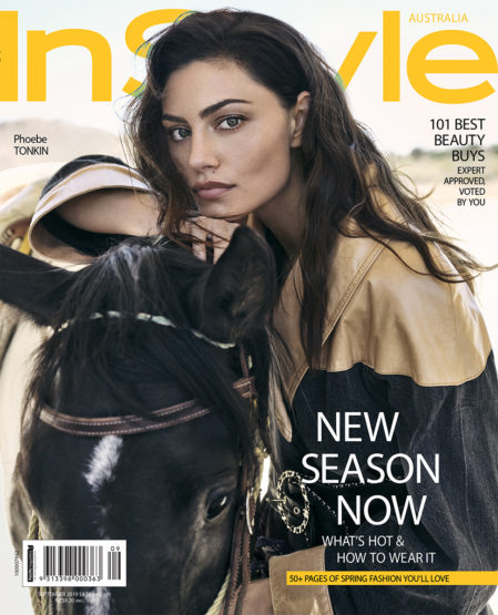 Magazine cover featuring Phoebe Tonkin alongside a black horse, set against an outdoor backdrop. Fashion and celebrity lifestyle imagery.