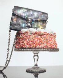 Rhinestone-embellished silver handbag resting on top of a frosted cake with colorful sprinkles on a glass cake stand.