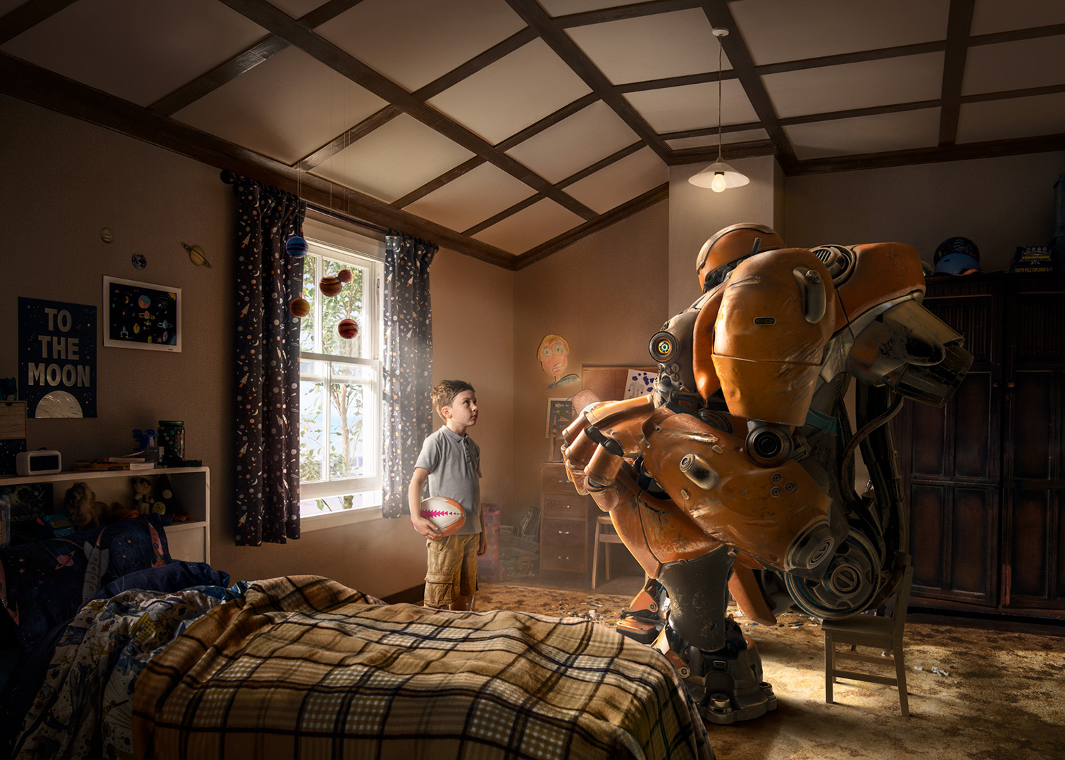 Young boy gazes at an orange robot crouched in his bedroom, holding a chair. Room is bathed in warm light with planets on the wall.