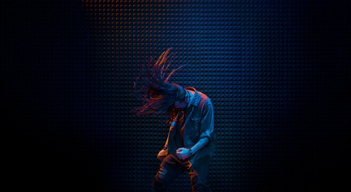 Male guitarist with long hair rocks out with a guitar in a blue-lit recording studio with soundproofing tiles covering the walls.