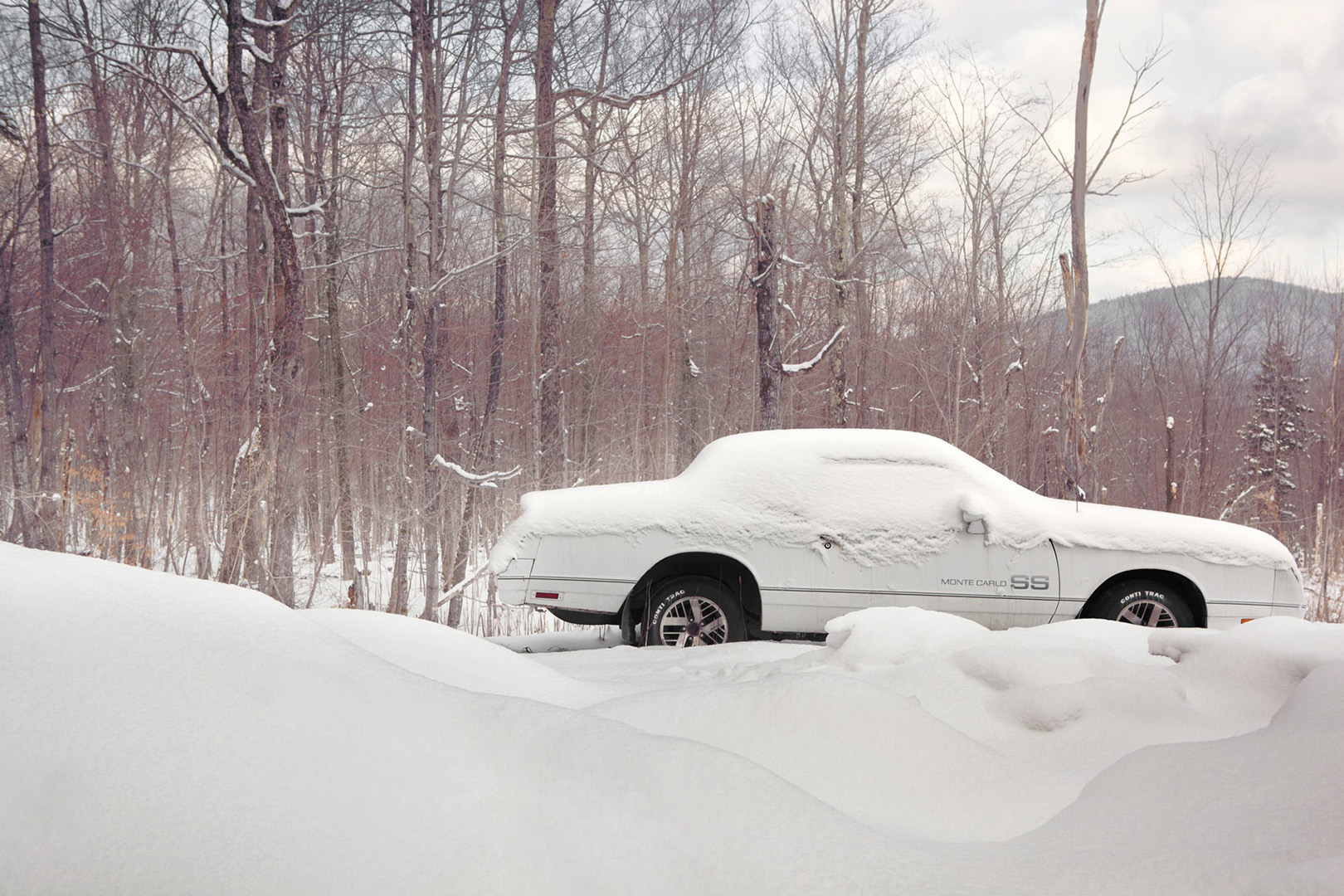 White Monte Carlo SS car covered in snow in a winter forest scene with snow-covered ground and bare trees under an overcast sky.