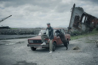 Elderly man seated on a red car with a black goat, near a ruined wooden shipwreck and crane.