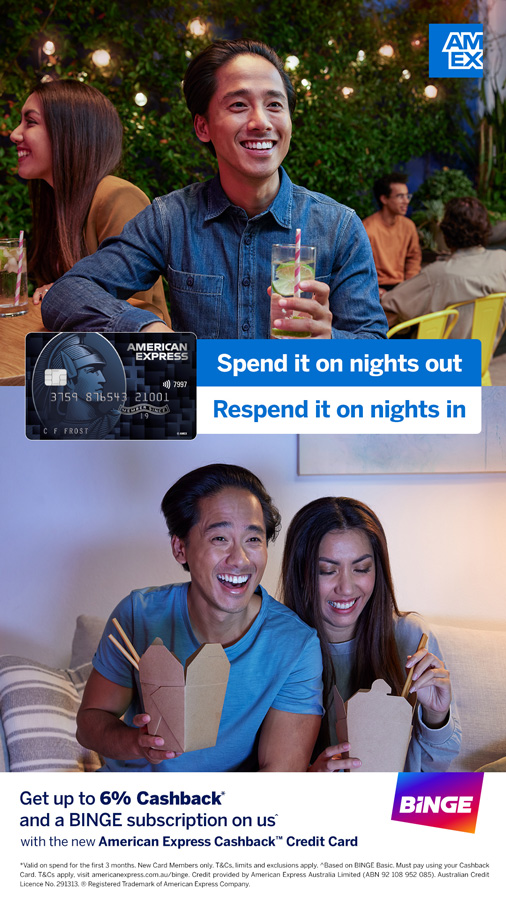 American Express ad featuring two couples enjoying nights out and evenings in, highlighting cashback and a streaming subscription.