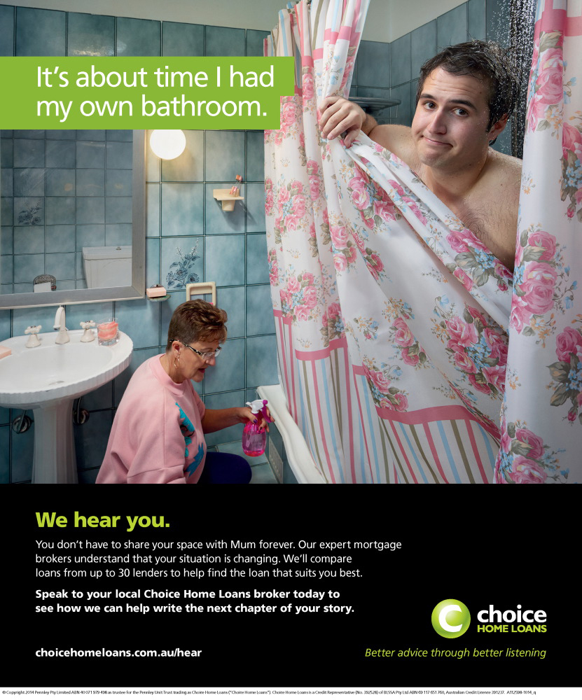 Ad featuring an adult male peeking from a shower curtain, an elderly woman cleaning a bathroom, promoting home loans for home improvement.