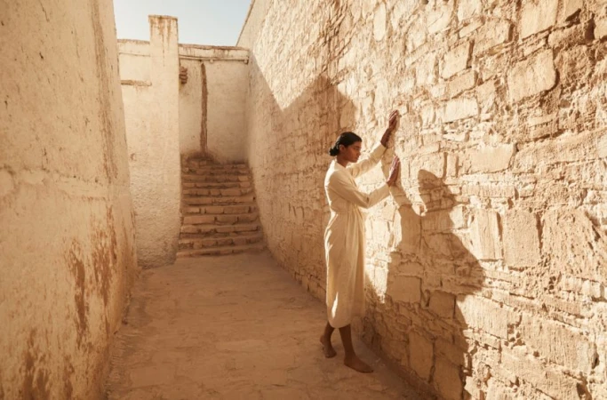 Woman in a cream dress stands barefoot, touching an aged brick wall inside a sunlit desert building with stairs in the background.