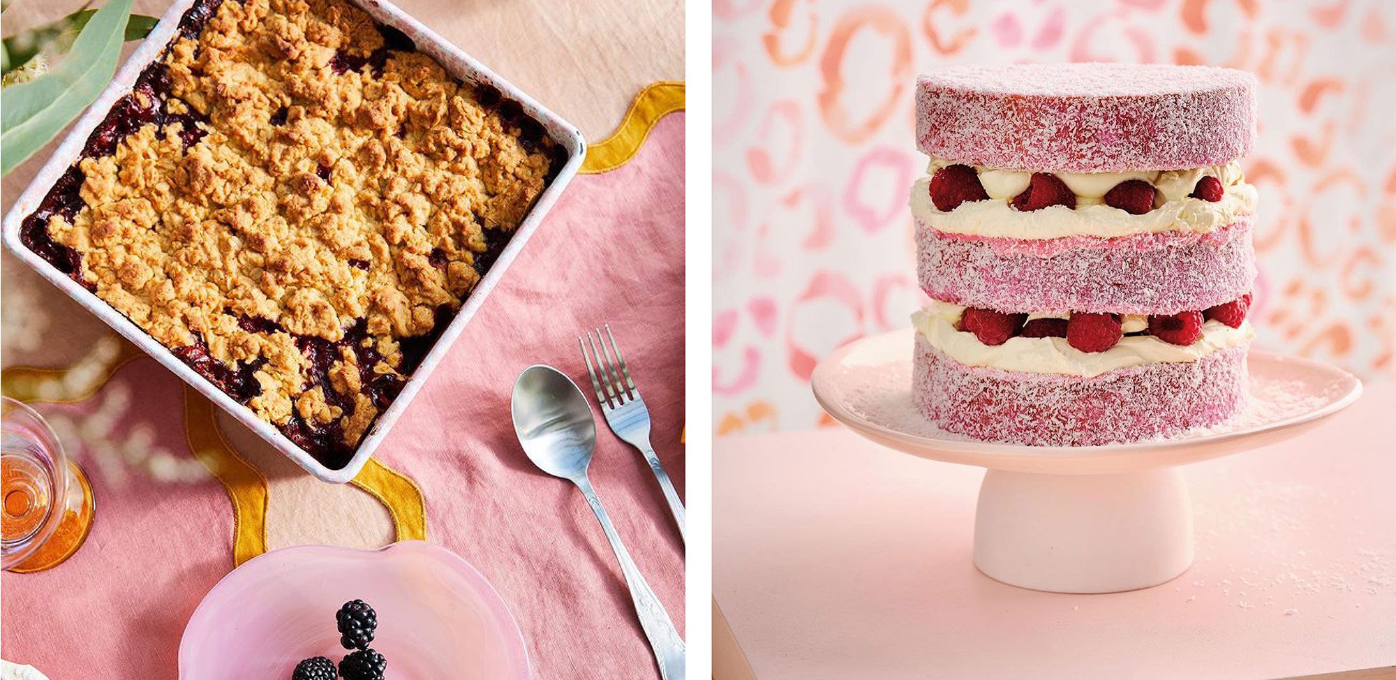 Two beautifully styled desserts are showcased: a blackberry crumble and a coconut raspberry cake, set against pink backgrounds.
