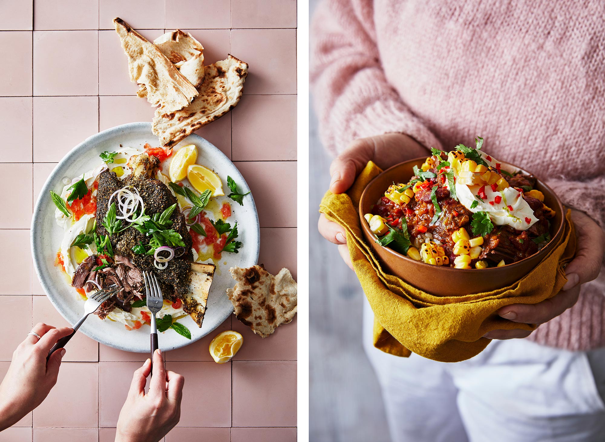 Overhead shot of person using fork and knife to eat lamb and flatbread on a plate and a person holding a bowl of stew.