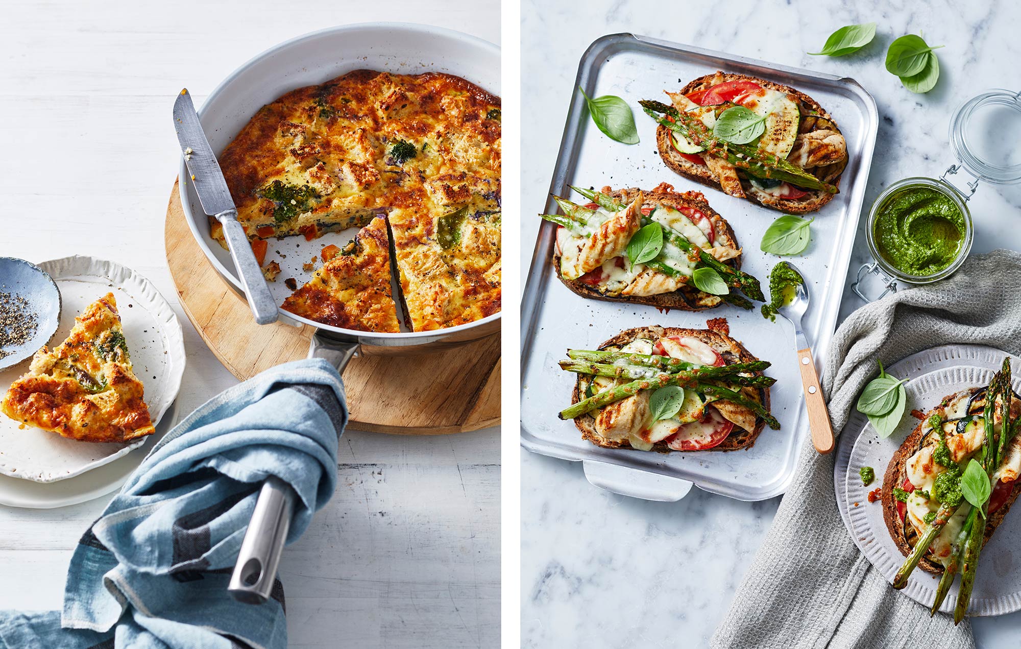 Overhead shot of two different meals: a frittata cut in a pan and open-faced sandwiches with tomato, mozzarella, chicken, and asparagus.