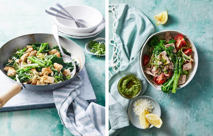 Two food preparations are showcased: a chicken and greens stir-fry in a wok and a tuna vegetable pasta bowl with lemon.
