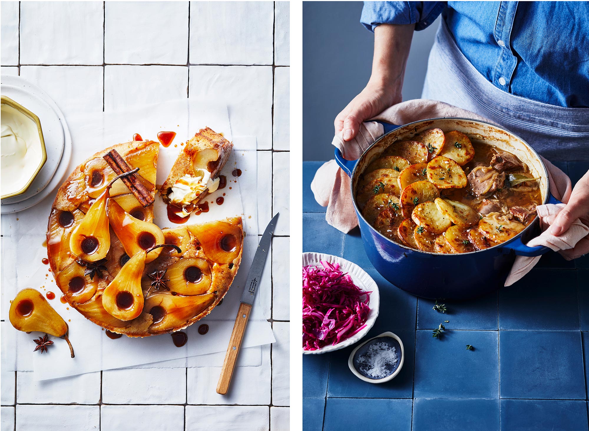 Overhead shot of pear tarte tatin, savory pot roast, and red cabbage with a knife and serving dishes on a blue tiled surface.