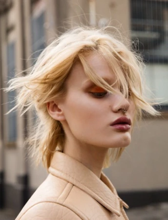 Close-up portrait of a woman with fair skin and blonde hair, wearing a light-colored jacket against a blurred urban backdrop.