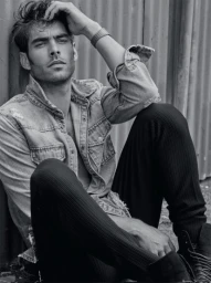 Monochrome portrait of a man in a denim shirt sitting against a corrugated metal wall, styled by Gavin Anesbury.
