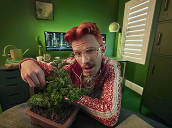 Man with red hair wearing patterned red sweater and glasses trimming bonsai tree in green room