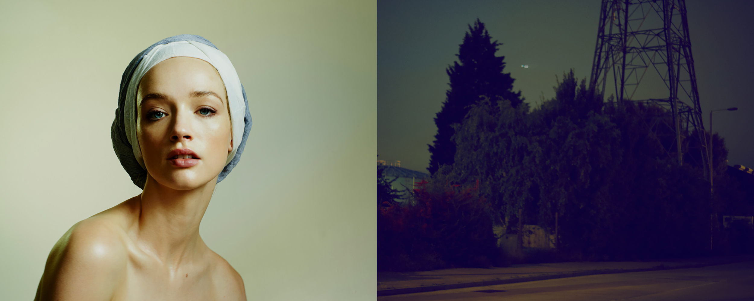 Striking split image: close-up portrait of a woman in headscarf, juxtaposed with an atmospheric shot of a roadside and trees.