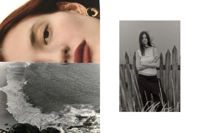 Monochrome fashion portrait featuring a woman by a wooden fence, juxtaposed with close-up of a face and a sea view in black and white.