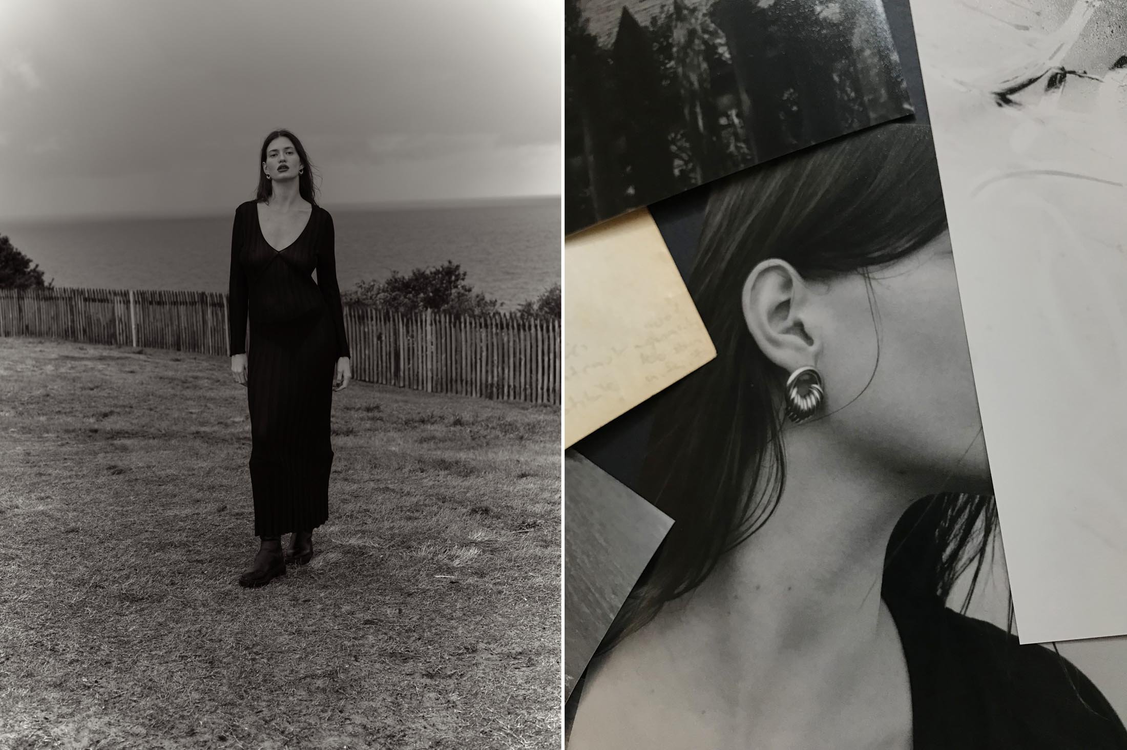 Monochrome portrait of a woman in a long dress standing in a field with a sea view, alongside a close-up of a woman's face with statement earrings.