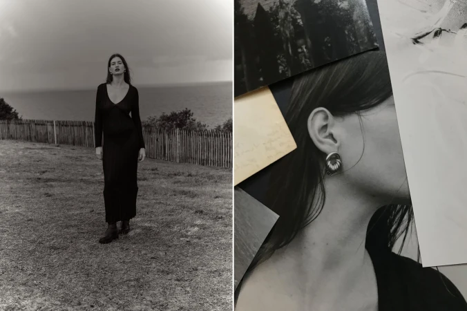 Monochrome portrait of a woman in a long dress standing in a field with a sea view, alongside a close-up of a woman's face with statement earrings.
